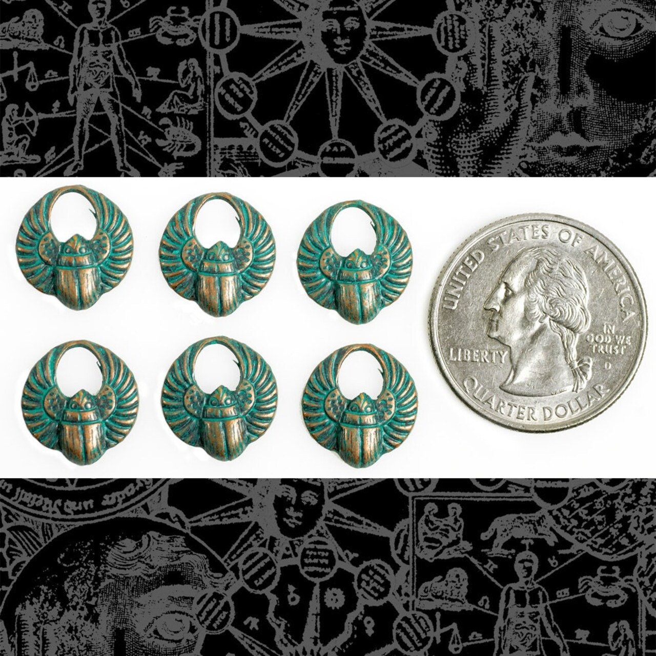 Verdigris Finished Brass Mini Scarab Charms - Set of Six - V-C32